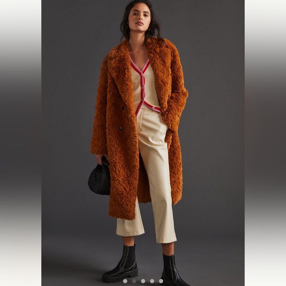 NEW Anthropologie Brown Faux Fur Long Double Breasted Preppy Button Coat S 6